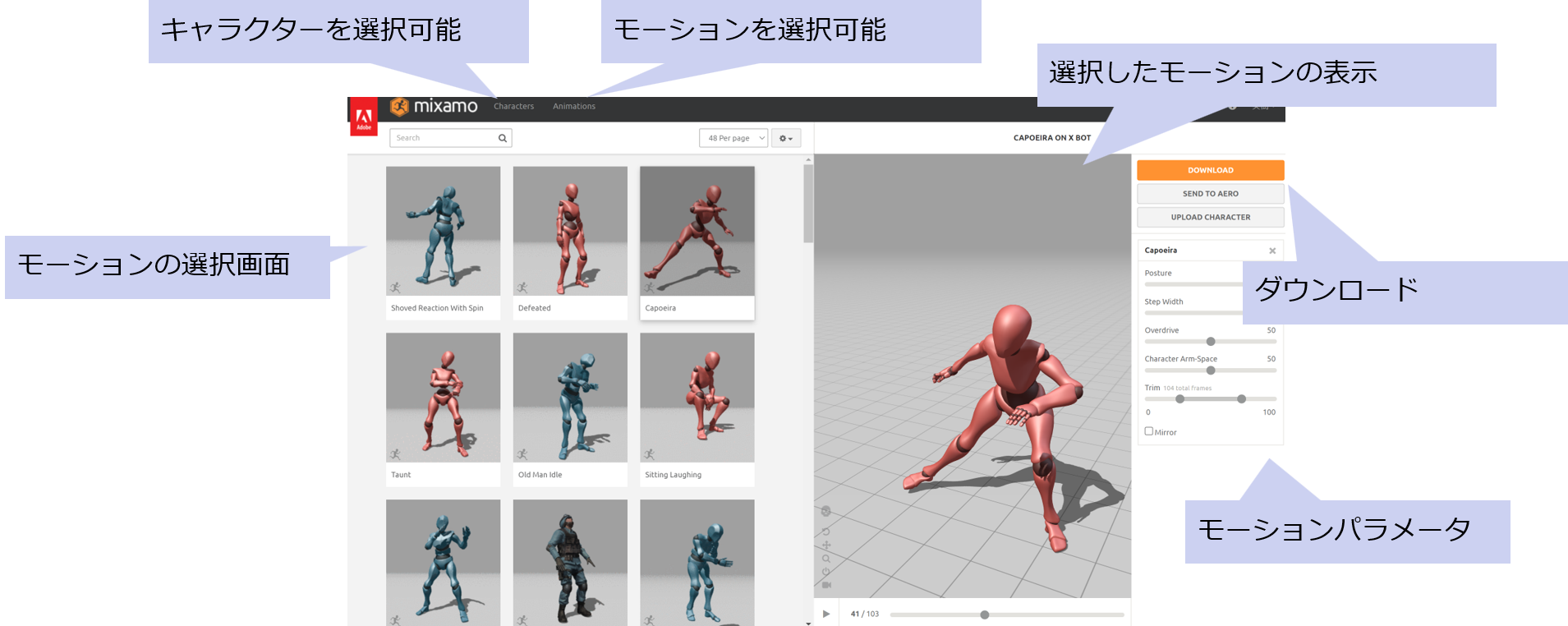MixamoのGUI